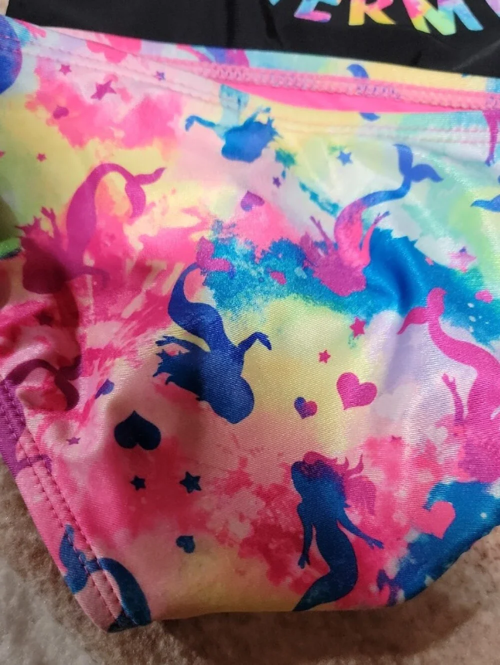wonder nation Black Rash Guard Swim Set with Rainbow Tie-Dye & Mermaid Graphic